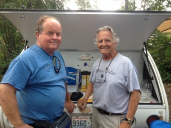 Mike Smith and I taking a photo-op break before opening a bottle of wine. Note the Alaska decal between us. I gave each of us one to show "we made the drive."
