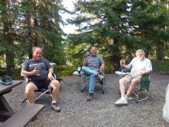 Mike, me, and Tom relaxing with some fine wine at Congdon Provincial Park in The Yukon.